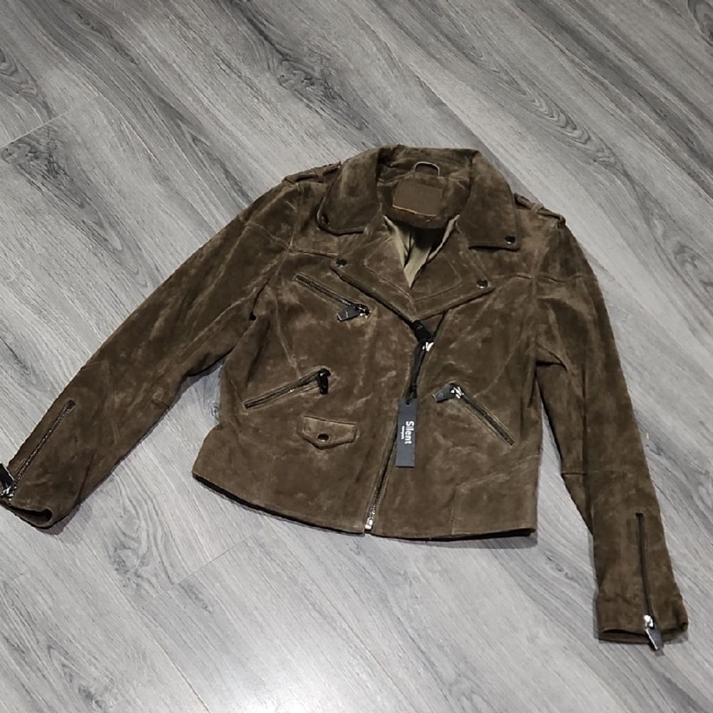 NWT Silent New York Olive Green Suede Bank Roll Leather Moto Jacket